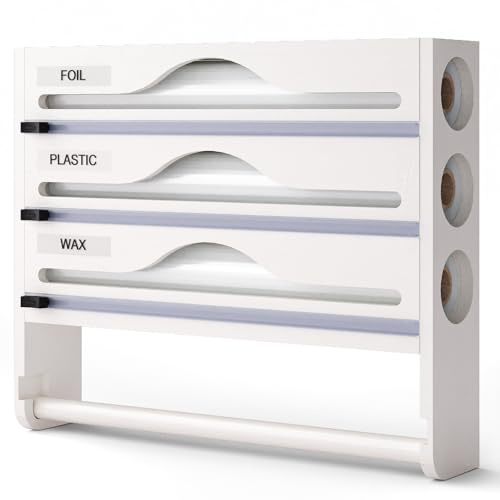 Dispenser per Pellicola Alimentare e Carta Alluminio 3 in 1 – Supporto Cucina in Bambù con Tagliatore Preciso, Porta Rotoli da Muro/Cassetto, Organizzazione per Rotoli 30 cm (Bianco, Tre Livelli)