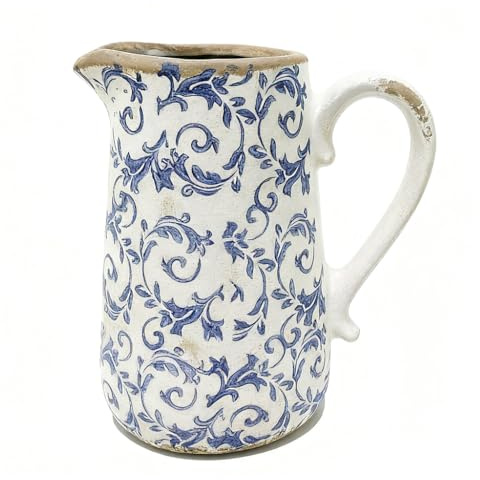 Ceramic Flower Vase Distressed Effect Glaze Pitcher Jug (Blue, Large) | Distressed Effect, Watertight, Flower Vase
