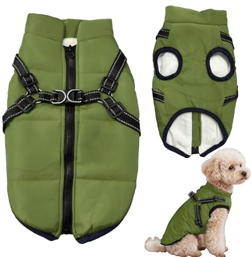 Wasserdichter Hundemantel mit Geschirr, Winter Warmer Fleece-Jacke für mittelgroße und große Hunde, reflektierender winddichter Hundeschneeanzug (Armeegrün-M)