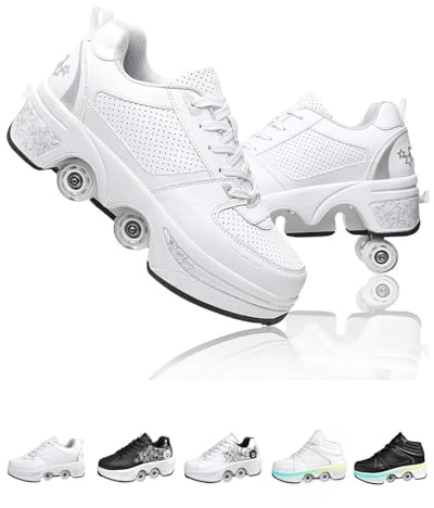 Schuhe Mit Rollen für Mädchen, Rollschuhe Damen Mit Einziehbaren Rädern,Roller Skate Shoes Als Weihnachts- und Geburtstagsgeschenke (Silver White, 36)