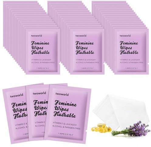 50 Feminine Wipes Individually Wrapped,Flushable Wipes Travel | Feminine Care Vaginal Wipes for Adult,Women,Girl and Homeless(Lavender)