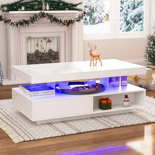 OKMYHOME Table Basse LED Rectangulaire avec 4 Plateaux en Verre, 2 Tiroirs et 2 Niches Ouvertes, Meuble de Salon Design MDF - Blanc - 95×50×42,5 cm