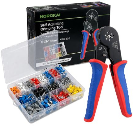 Nordkai Crimpzangen-Set 0,08–16 mm² mit 1500 Aderendhülsen | Selbsteinstellend; gehärteter Stahl; für Einzel- und Doppeladerendhülsen; Elektroinstallation und Schaltschrankbau