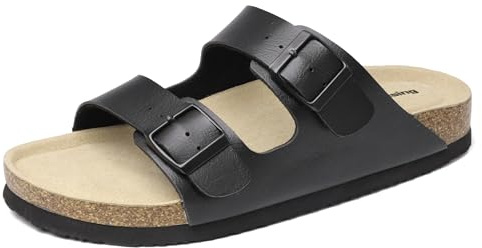 Mesing Mules Sandales Femme Homme Été Plates Boucle Bout Ouvert Nu-pieds Confortable Cuir Suédé Pantoufles en Liège XZ490-Black1-EU42