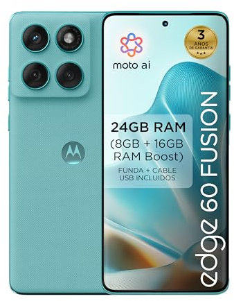Edge 60 Fusion 24GB (8GB+16GB RAM Boost)/256GB Amazonite, España. Diseño de cuádruple Curva. Cámara Sony LYTIA™ de 50 MP. Pantalla Brillante con resolución Super HD (1220p) y 4500 nits. 5100 mAh