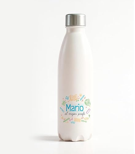 Botella de Agua Térmica personalizada con nombre, Blanco, Diseño Escolar con Iconos Educativos, Tapa de Acero Inoxidable