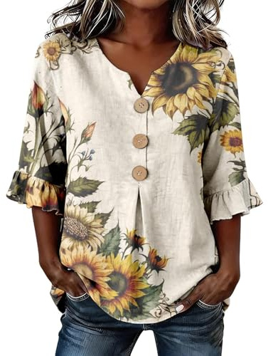 Leinenbluse Sommer Bluse Elegant Tshirt V Ausschnitt Shirt 3/4 Arm Tunika Leinen Shirt Oberteil Modern Blusen Tops Sommerblusen Leicht Und Luftig