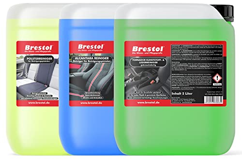 Brestol Juego de limpiador Tornador – 1 x 5 litros de limpiador Alcantara + 1 x 5 litros de limpiador de plástico y cuero, 1 x 5 litros de limpiador