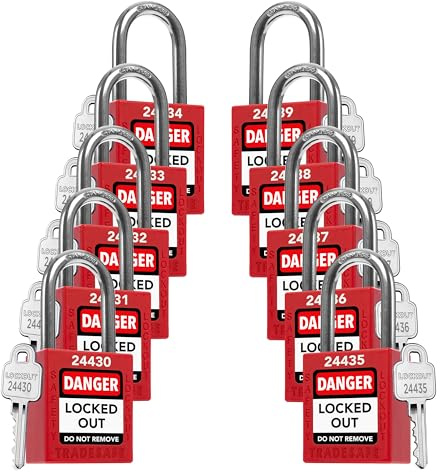 TRADESAFE Lockout Tagout Schlösser, Sicherheitsschlösser unterschiedlich schließen, Lock Out Tag Out Vorhängeschlösser-Set, 1 Schlüssel pro Schloss, 10 Stück Rot