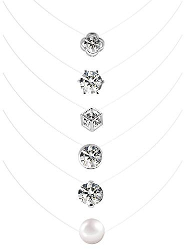 Collier Invisible Fil Nylon 6Pcs Collier Invisible Ras de Cou Transparent avec RondeTrèfle à Quatre Feuilles Perles Blanches Six Griffes Quatuor Larme de Sirène de Griffe 6mm 8mm 10mm Pendentif,