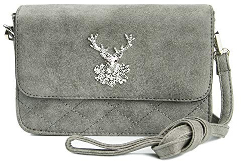 Enzianblau Trachten: Tasche in Wildleder-Optik mit HIrschbrosche, Trachtencluch, Oktoberfest Tasche zum Dirndl (grau)