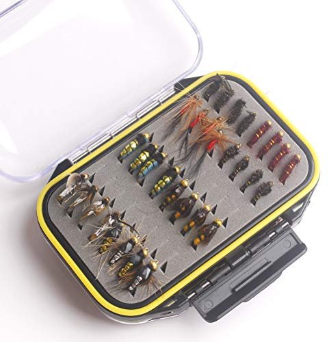 MKNZONE 64pcs Fliegenfischen Köder Set mit wasserdichte Box, Fliegen Form Angeln handgebunden Fliegen Köder, lebensecht Nymphe für Hecht Zander Angeln Barsch Forelle Dorsch#2