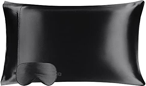 PiccoCasa Seidenkissenbezug Set 19 Momme Kopfkissenbezug & Schlafmaske aus Seide mit Geschenkbox für Damen Schwarz&Schwarz 51x91cm