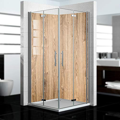 dedeco Paroi de douche d'angle imperméable avec motif bois vernis UV brillant – 2 x 90 x 200 cm, comme paroi arrière de salle de bain en remplacement du carrelage, comme mur décoratif, revêtement