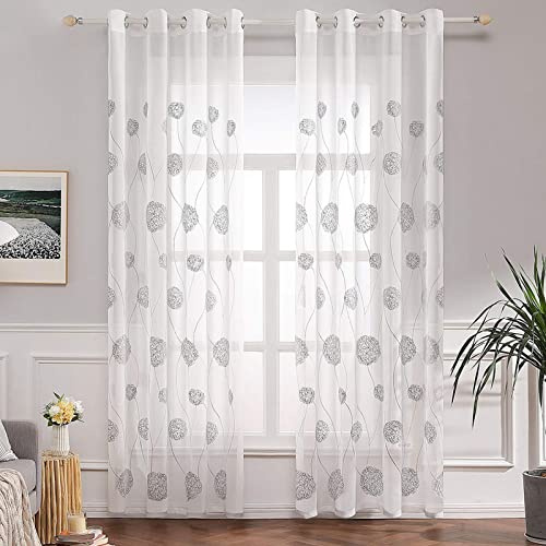 MIULEE Vorhänge Florale Stickerei Grau, Gardinen Weiß 2er Set 140x215cm | Transparent Voile Blumen Muster Vorhänge Durchsichtig mit Ösen, Leichte Dekorative Gardinen für Wohnzimmer Schlafzimmer