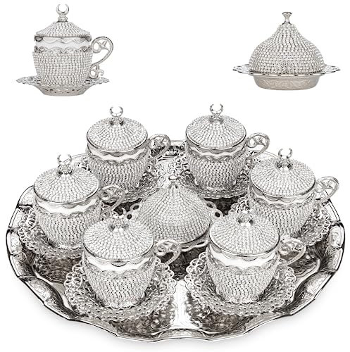 Alisveristime Ottomane, türkisch-griechisch-arabische Kaffee-Espressotassen-Untertasse, Kristall-Set (Gelincik), handgefertigt, traditionelles Set mit Hilal-Motiven (Silber), 27-teilig