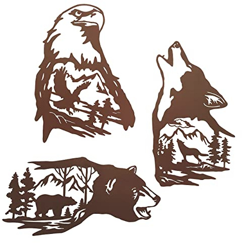 J-Fly Hütte Metall Wandkunst Dekor, Bär Wolf Glatzenadler, 22,9 cm Set von 3, Haus Bauernhaus Dekorationen für Wohnzimmer Schlafzimmer Badezimmer rustikale Wald Jagd Berg Dekor für Indoor Outdoor