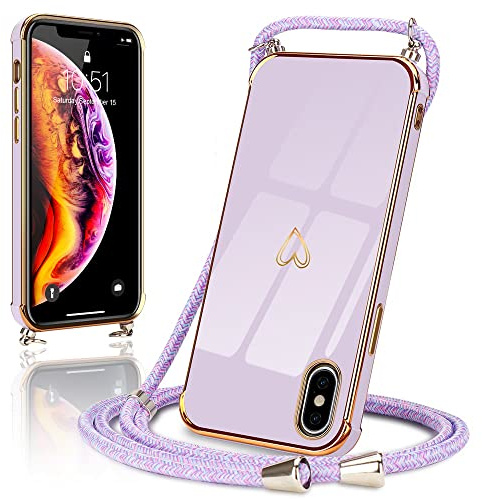 Micoden Handykette für iPhone X/Xs Hülle Necklace mit Band Herz Design | Kameraschutz Handyhülle Herz Design Galvanik Dünn Silikon Case Bumper Kordel zum Umhängen Stoßfeste Schutzhülle, Lila