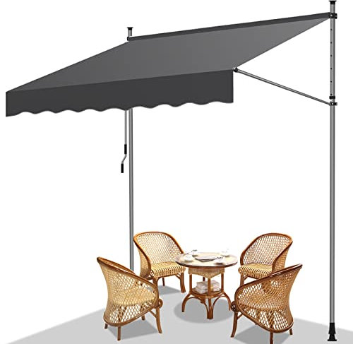 Fiqops Tenda da Sole a Morsetto con manovella per Balcone, 200x120cm Retrattile Resistente ai Raggi UV Altezza Regolabile Senza Forare, in metallo e 100% poliestere, Grigio