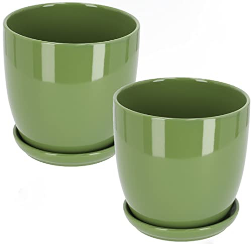 Kotarbau® - Vaso da fiori in ceramica per piante con vassoio antigoccia, diametro di 15 cm, colore verde, set da 2