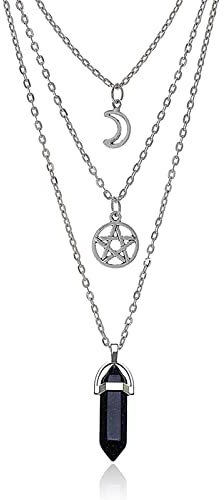 TKSDVTI Moon Pentagram Necklace Healing Crystal Necklace for Women, Gothic Necklace Gothic Jewellery for Women Girls Valentine's Day Mother's Day Gifts (Black)