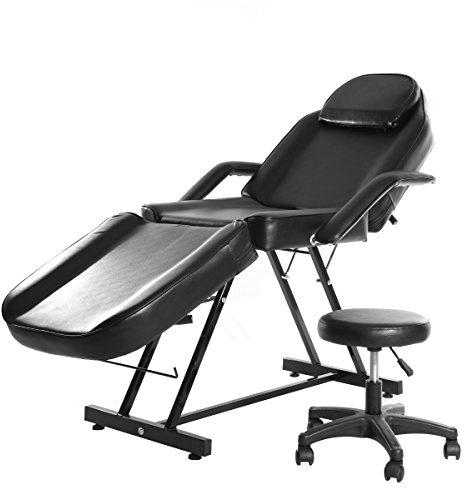 Massagetisch, verstellbar, zusammenklappbar, aus PU-Leder, mit Hocker, für professionelles Wohnzimmer und Zuhause (schwarz)