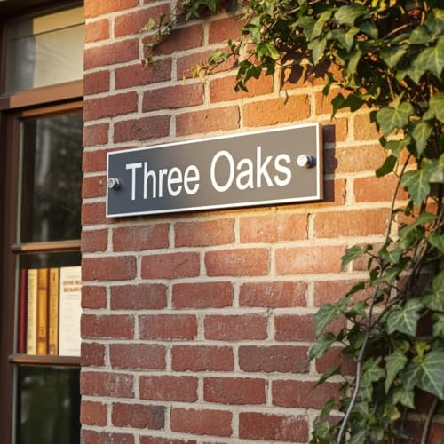 Modern Personalised House Name Sign 28cm x 7cm – Black Aluminium Door | Plaque with white lettering and stainless steel stand-off fixings.