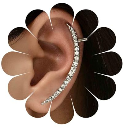 Boho Long Crystal Cuff Wrap Earrings Silver Bar Rhinestone Climber Earring Cz Ear Pins Crawler Earring Cz Wrap Cuff Earrings Jewelry for Women
