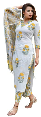 KLOSIA kvinnor rak block tryckt kurta och byxa set med Dupatta, Vit, XXL