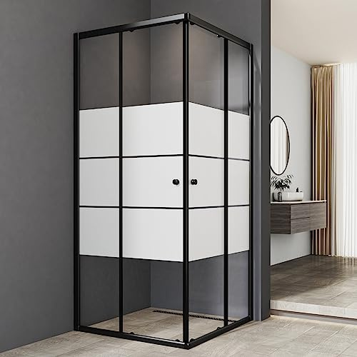 Duschkabine Schiebetür, Duschkabine 90x90 cm Eckeinstieg Schwarz Duschabtrennung 5mm ESG Milchglas Streifen Duschtür Duschwand Höhe 185cm