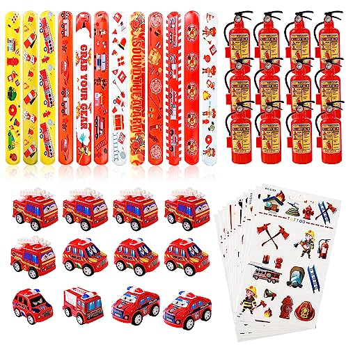 46PCS Feuerwehr Mitgebsel, Feuerwehrmann Sam Kindergeburtstag Mitgebsel enthält 12 Slap Armbänder, 12 Feuerlöscher-Spielzeug, 12 Feuerwehrauto Spielzeug, 10 Tattoo-Aufkleber, für Feuerwehrmann Deko