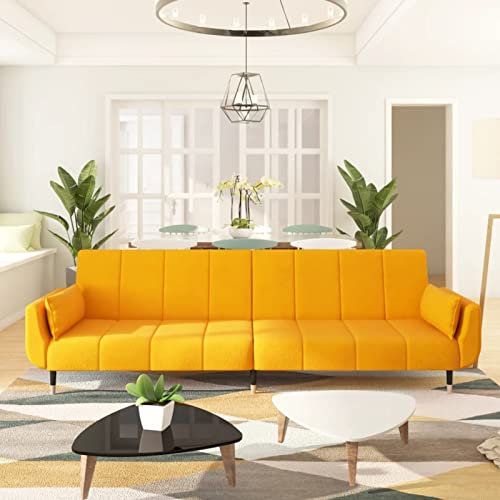 Homgoday Schlafsofa 2-Sitzer mit 2 Kissen Klappsofa Bettsofa Sofa mit Schlaffunktion Gästesofa Klappbett Sofabett Loungesofa Sitzmöbel für Wohnzimmer Gästezimmer Büro Gelb Samt