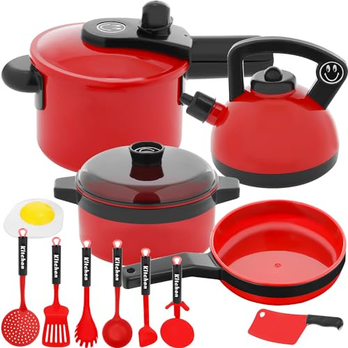 KRUZZEL Küchenspielzeug - Kochgeschirr, Pfanne, Wasserkocher - Kindergerecht, Rot, Kunststoff - Kind, Kinder, Gruppenspiel, Rollenspiel, Unisex