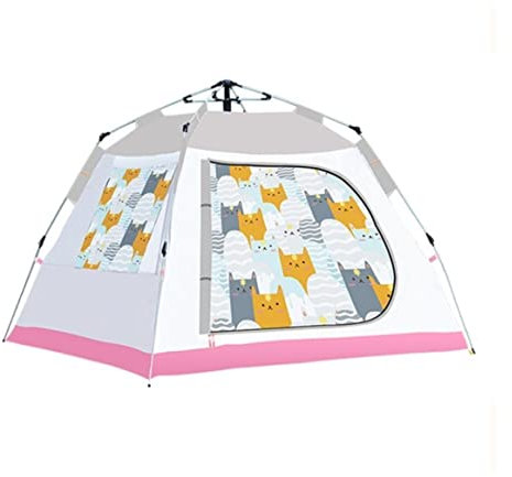 Camping Zelt Strandzelt Automatisches Pop-up-Zelt Familien-Katzenmuster-Campingzelt 3-4 Personen Mit 3 Mesh-Fenstern Wasserdichtes Sofort-Außenzelt Tragbares Zelt für Reisen (Color : Rosa, Size : 20