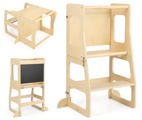 LIFEZEAL 2 in 1 Lernturm für Kinder, Umwandelbar Tritthocker als maltisch & stehstuhl, Kindertisch Set Learning Tower mit Tafel, Faltbarer Küchenhelfer für Kinder Baby ab 3 Jahr, Bis zu 60kg, Natur