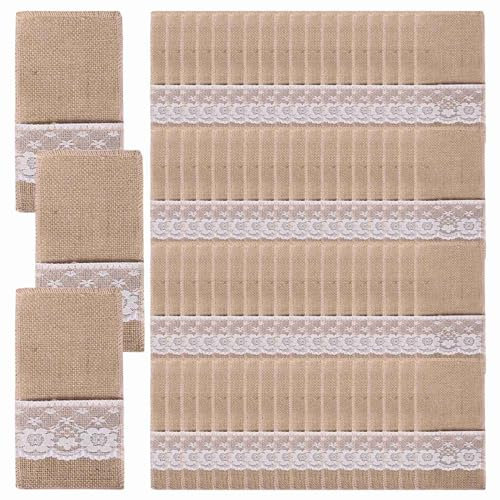 iFutniew Bestecktasche aus Jute, Spitze, rustikales Hochzeitsgeschirr, Messer, Gabelhalter, Tasche, Sackleinen, Tischdekoration, Zubehör, 75 Stück