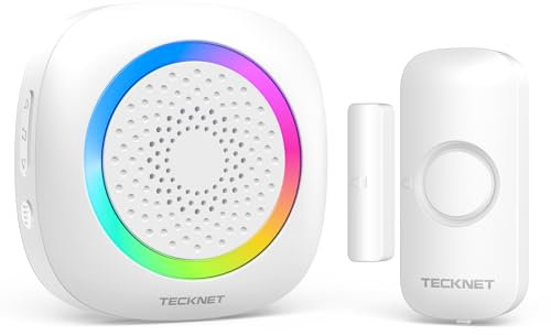 TECKNET Wireless Door Sensor Alarm, Door Alarm with 1000Ft Operating Range, 61 Door Chimes, 5 Adjustable Volume with Mute Mode RGB Flash Magnetic Window and Door Alarm Sensor for Home Store Office