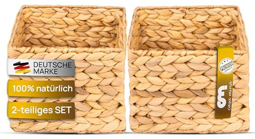 Casa Mina Korb Aufbewahrung 2er Set S (22x17x14cm) 100% natürlich aus Wasserhyazinthe I Dekorative Körbe Aufbewahrung für jeden Raum I Aufbewahrungskorb mit robustem Metallgestell