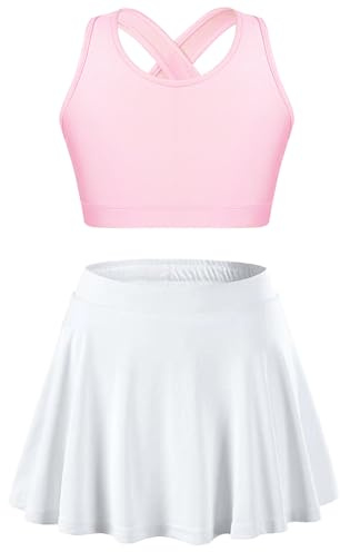 Miaeowve Tennis Outfit Kinder Mädchen Set Crossover Sport BH Ärmellos Tanz Top Mit High Waist Tennisrock A Linien Sport Rock Falten Sommer Sportswear Rosa & Weiß 158-164