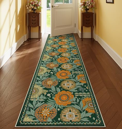 Lahome Waschbarer Läufer, Sonnenblumen-Teppich, für Flur, rutschfeste Küchenläufer, Landhaus-Grün, fusselfrei, Blumen-Teppich für Eingangsbereich, Schlafzimmer, Veranda