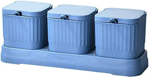 Lot de 3 boîtes de rangement pour condiments avec plateau et cuillère – Salière et sucrier (bleu)