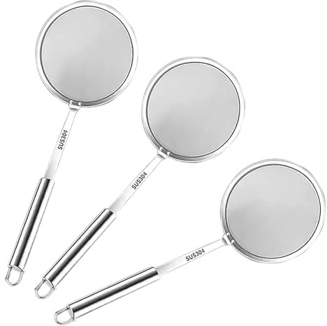 Skimmer Spoon with Handle, 3 Pcs 3.9 Inch Diameter Stainless Steel 100 Meshes Skimmer Spoon for Hot Pot Foam and Grease (medium)