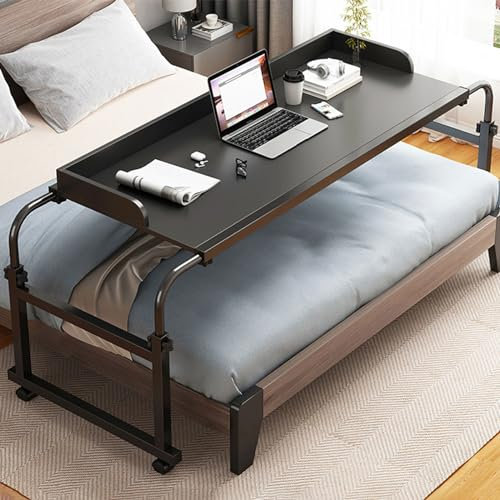 Verstellbarer Betttisch mit Rollen, mobiler Steharbeitsplatz und Laptopwagen für Zuhause und Krankenhaus, 140 cm, Schreibtisch über dem Bett, in Weiß/Schwarz, höhenverstellbar