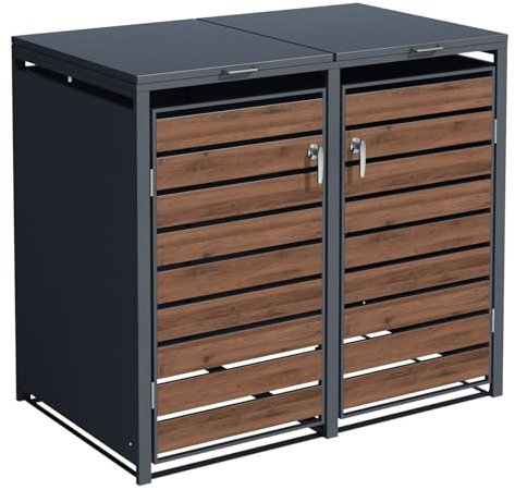 SCHARTEC® Mülltonnenbox 2er anthrazit mit dunklem Holz-Design erweiterbar 240l Mülltonnenverkleidung Mülltonnen Sichtschutz Unterstand für 2 Tonnen