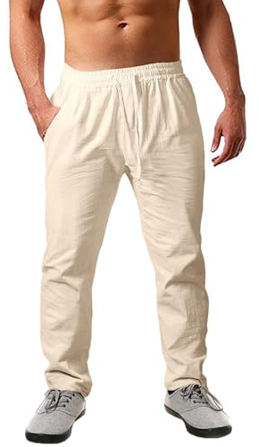 Cegerne Pantalones de Lino Hombre Verano Largos Ligeros y Transpirables, Corte Holgado, Cintura Elástica con Cordón Ajustable – Ideales para Vacaciones, Playa y Uso Diario