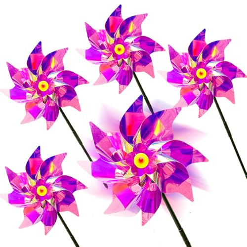 Lot de 5 moulins à vent réfléchissants - Répulsif contre les oiseaux - Répulsif contre les pigeons - Moulin à vent pour le jardin - Multicolore - Violet