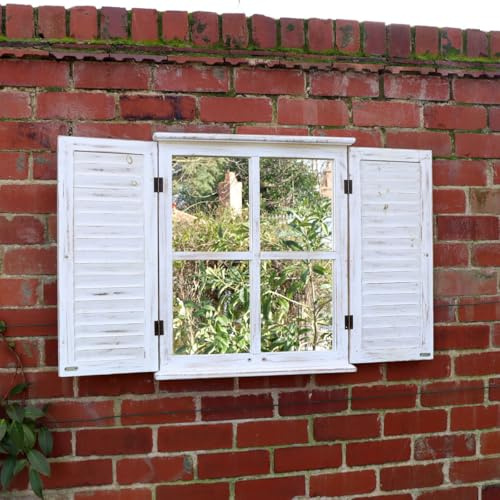 Melody Maison Distressed Ivory Shutter Style Garden Wall Mounted Mirror 60cm x 70cm