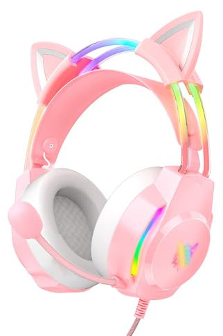 ONITOON Gaming Headset with Cat Ears, RGB Backlight Headphones for PC/PS4/PS5/XBOX/Switch with Noise Cancelling Mic- Virtual 7.1 Surround Sound, Lightweight Design & Auto-Adjust Headband, Pink