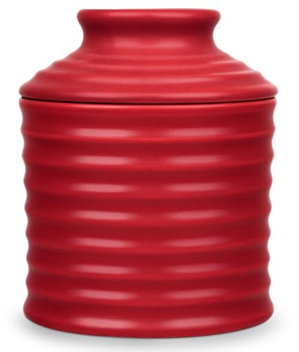 Jersinwei Porzellan Französische Butterdose, Butterglocke Keramik mit Wasserrand für Frische Streichfähige Butter, Buttertopf im Original Torsade Design, Vintage-Rot
