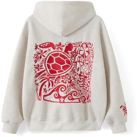 cochineal Preppy Embroidery Floral Hoodie for Teen Girl Women Oversized Hooded Sweatshirt Y2k Vintage Graphic Pullover Top, Turtle Light Gray, Medium